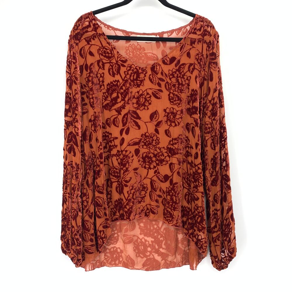 4 Love & Liberty Johnny Was Silk Rayon Velvet Burnout Top Floral Rust Brown XL